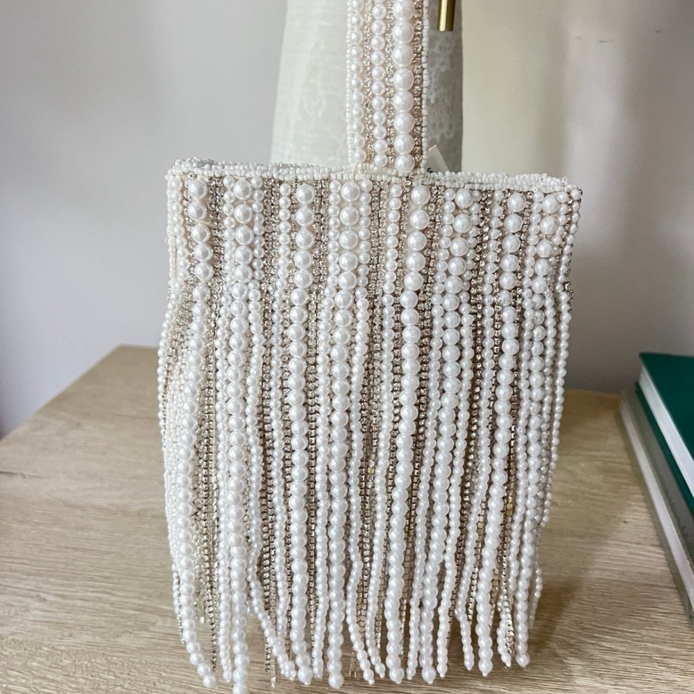 Viral White Beaded Bag w/ Pearl & Rhinestone Fringe, NWT Made In India
